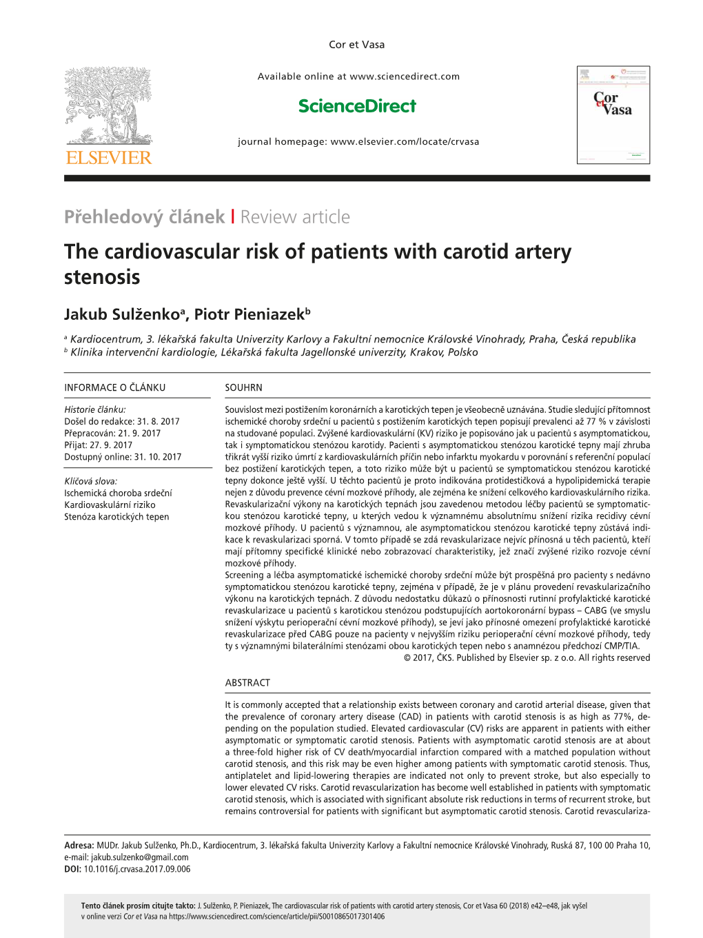 The Cardiovascular Risk of Patients with Carotid Artery Stenosis