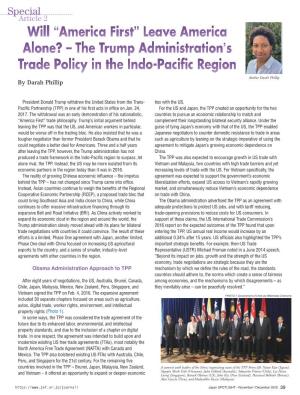 Will “America First” Leave America Alone? – the Trump Administration’S Trade Policy in the Indo-Pacific Region Author Darah Phillip by Darah Phillip