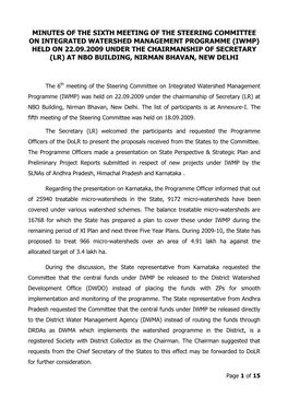 Minutes of the Sixth Meeting of the Steering Committee on Integrated Watershed Management Programme (Iwmp) Held on 22.09.2009 Un