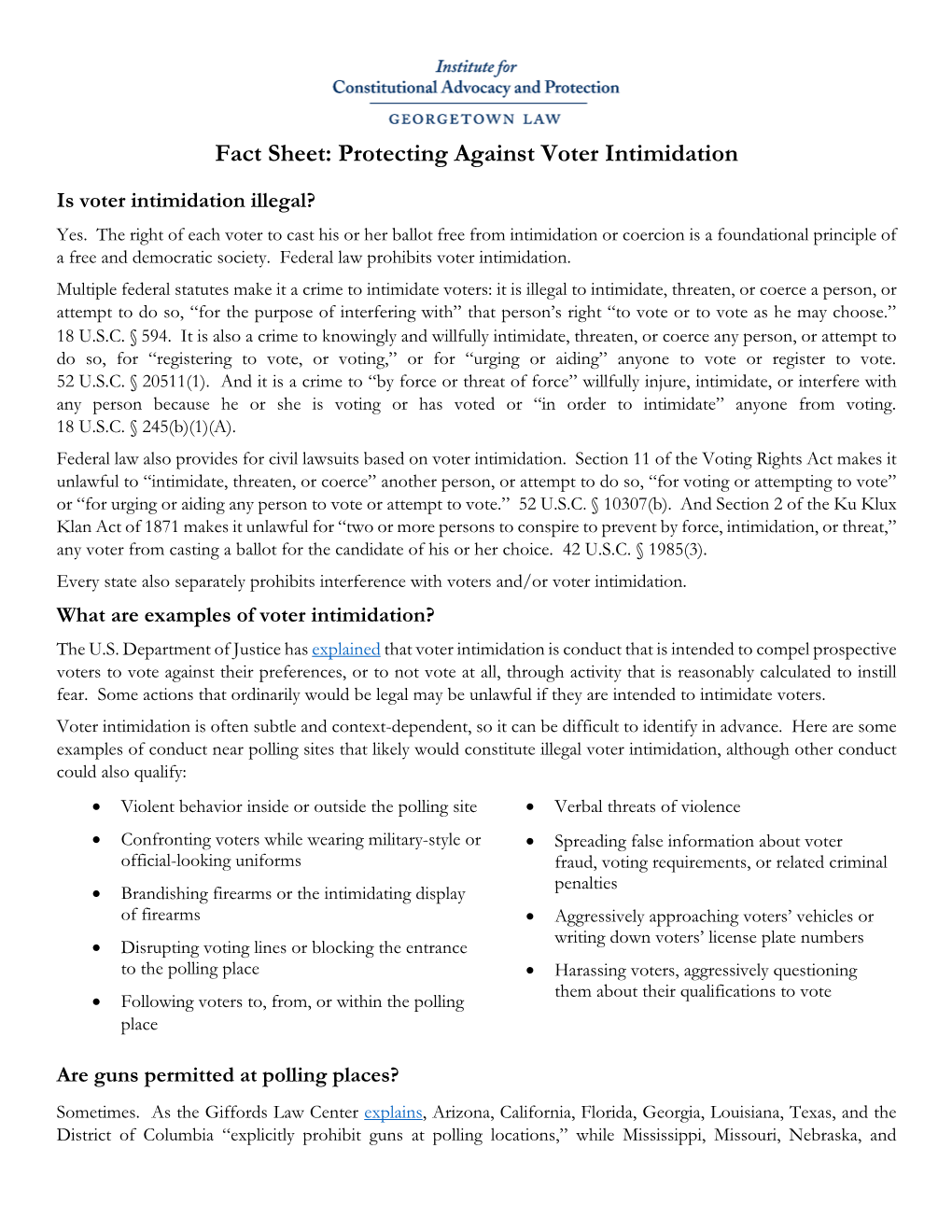 Georgetown Law's Fact Sheet Protecting Against Voter Intimidation