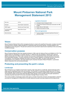 Mount Pinbarren National Park Management Statement 2013