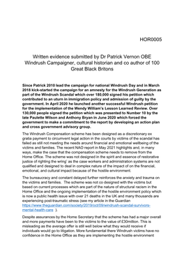 HOR0005 Written Evidence Submitted by Dr Patrick Vernon OBE Windrush