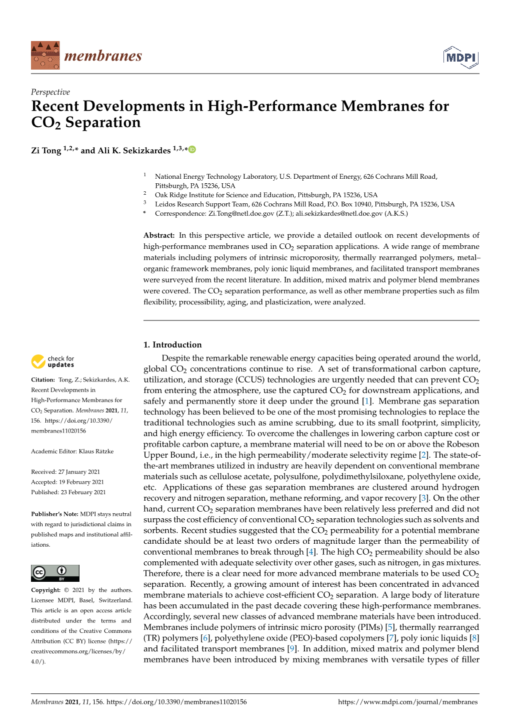 Recent Developments in High-Performance Membranes for CO2 Separation