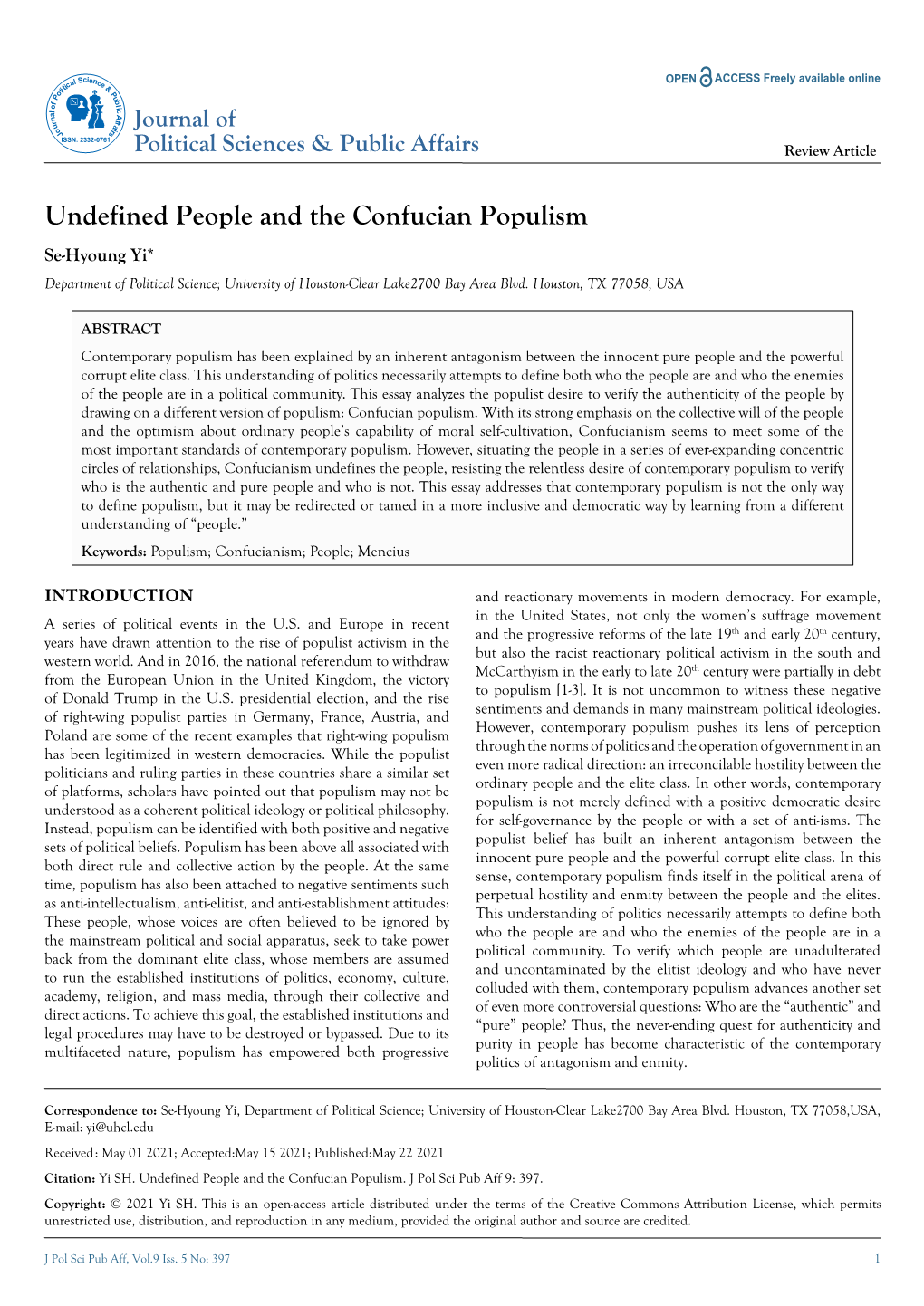 Undefined People and the Confucian Populism Se-Hyoung Yi* Department of Political Science; University of Houston-Clear Lake2700 Bay Area Blvd