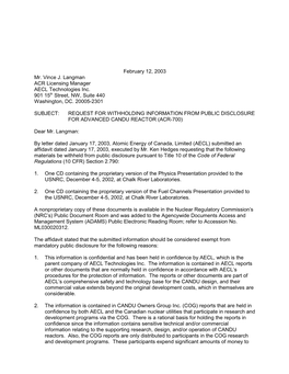 Request for Withholding Information from Public Disclosure for Advanced Candu Reactor (Acr-700)