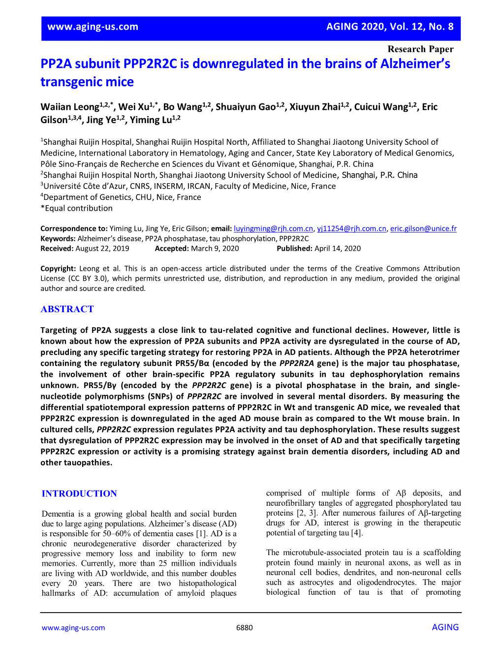 PP2A Subunit PPP2R2C Is Downregulated in the Brains of Alzheimer’S Transgenic Mice