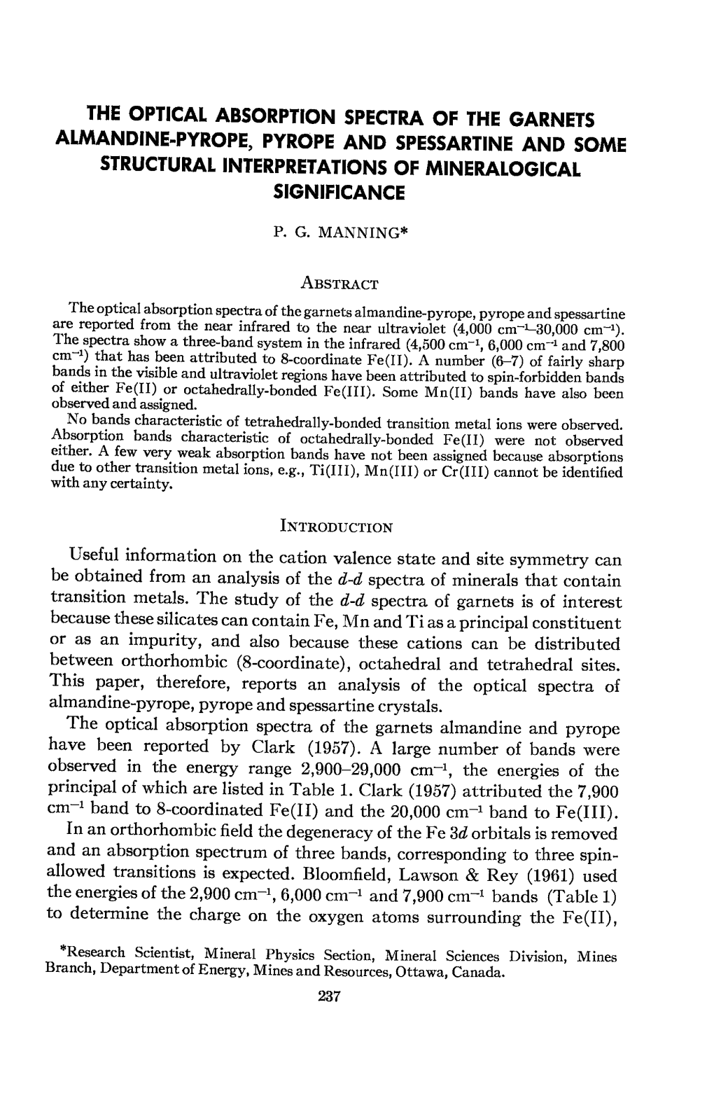 The Opticat Absorption Spectra of the Garnets Atmandine.Pyrope, Pyrope and Spessartine and Some Structural Interpretation5 of Mi