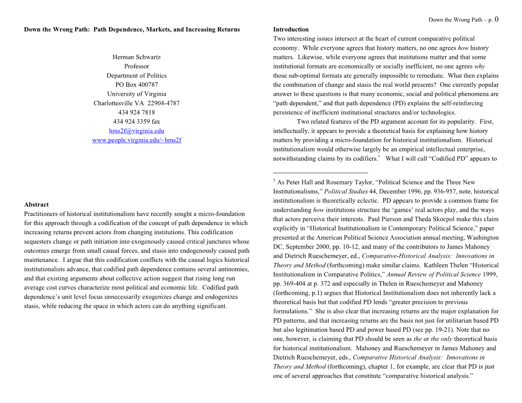 Path Dependence, Markets, and Increasing Returns Herman