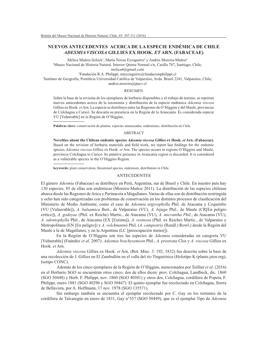 Nuevos Antecedentes Acerca De La Especie Endémica De Chile Adesmia Viscosa Gillies Ex Hook