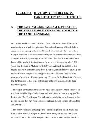 Cc-1/Ge-1: History of India from Earliest Times up to 300 Ce Xi. the Sangam