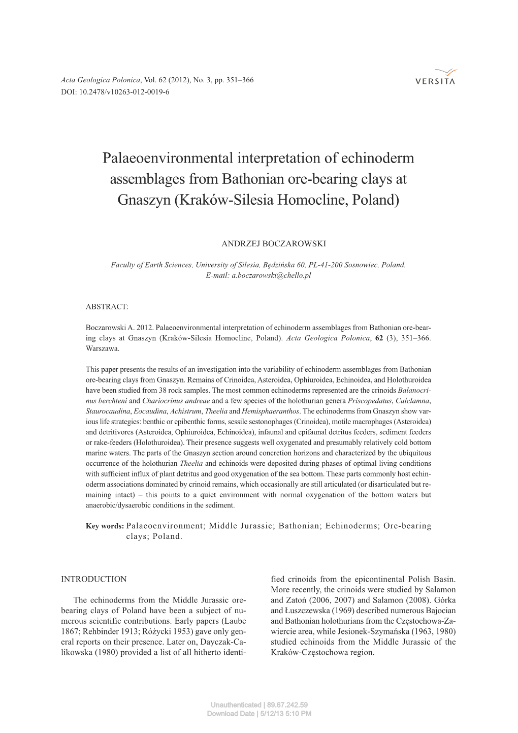 Palaeoenvironmental Interpretation of Echinoderm Assemblages from Bathonian Ore-Bearing Clays at Gnaszyn (Kraków-Silesia Homocline, Poland)