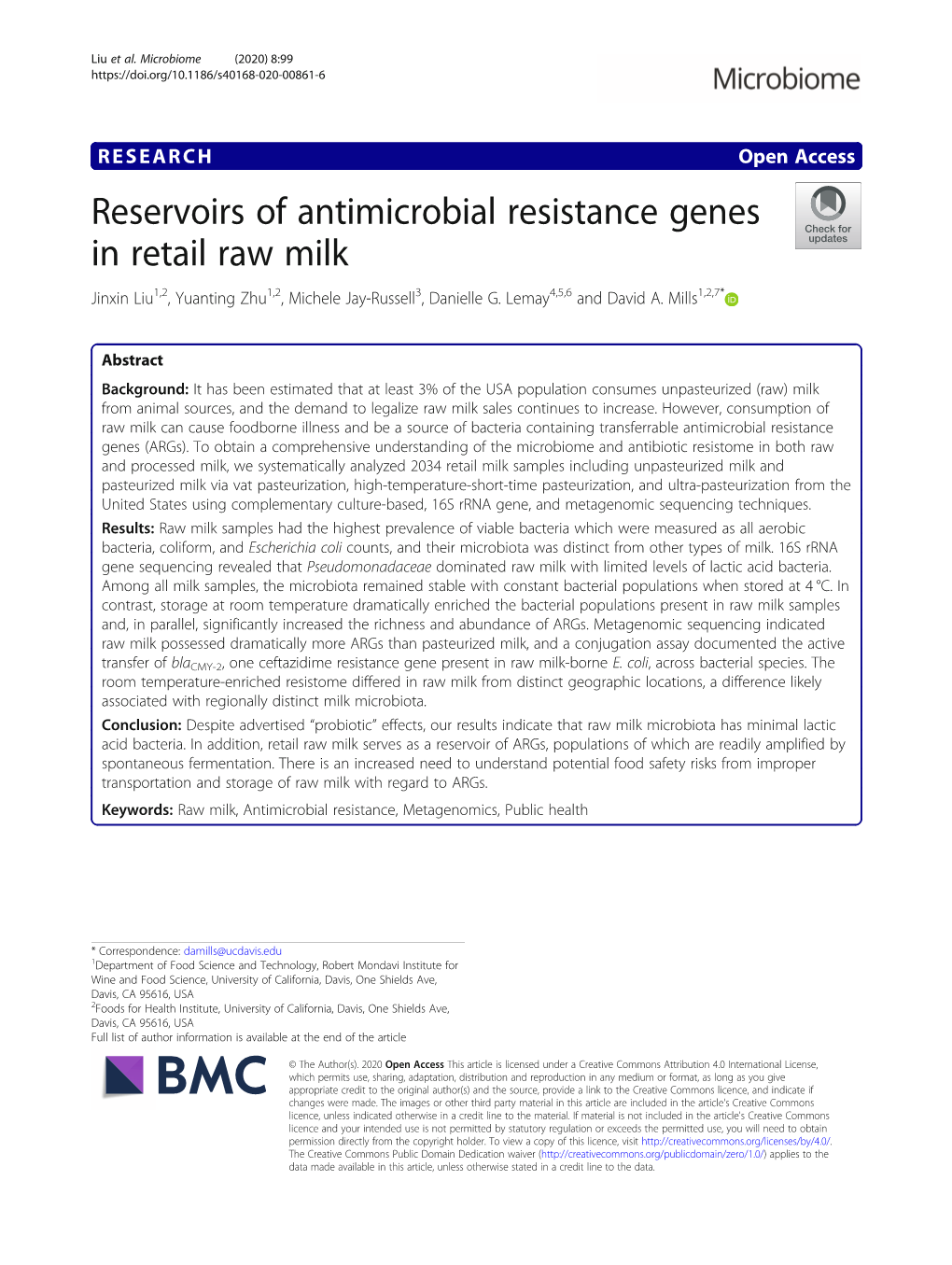 Reservoirs of Antimicrobial Resistance Genes in Retail Raw Milk Jinxin Liu1,2, Yuanting Zhu1,2, Michele Jay-Russell3, Danielle G