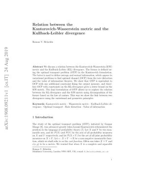 Relation Between the Kantorovich-Wasserstein Metric and the Kullback-Leibler Divergence