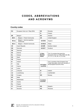 Codes, Abbreviations and Acronyms
