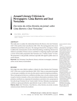 Around Literary Criticism in Newspapers: Lima Barreto and José Veríssimo Em Torno Da Crítica Literária Em Jornal: Sobre Lima Barreto E José Veríssimo