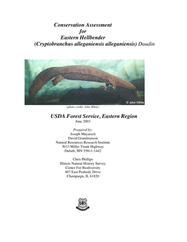 Conservation Assessment for Eastern Hellbender (Cryptobranchus Alleganiensis Alleganiensis) Daudin