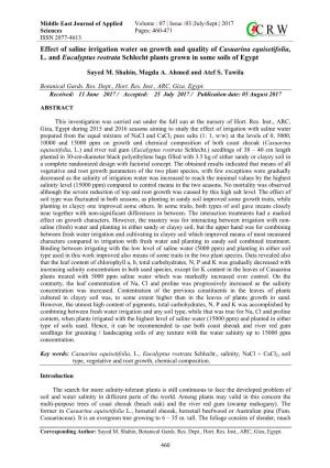 Effect of Saline Irrigation Water on Growth and Quality of Casuarina Equisetifolia, L