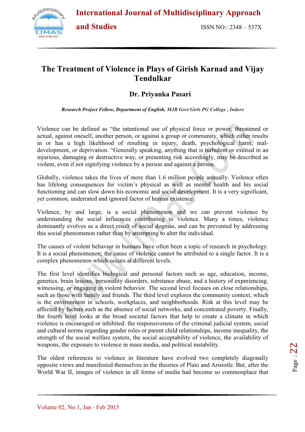 The Treatment of Violence in Plays of Girish Karnad and Vijay Tendulkar