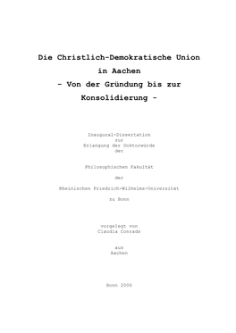Die Christlich-Demokratische Union in Aachen - Von Der Gründung Bis Zur Konsolidierung