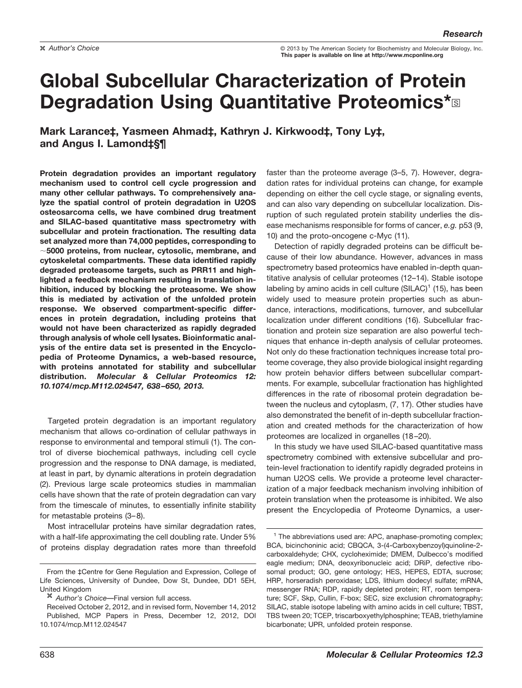 Global Subcellular Characterization of Protein Degradation Using Quantitative Proteomics*□S