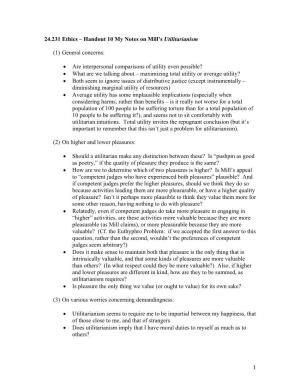 Ethics – Handout 10 My Notes on Mill’S Utilitarianism