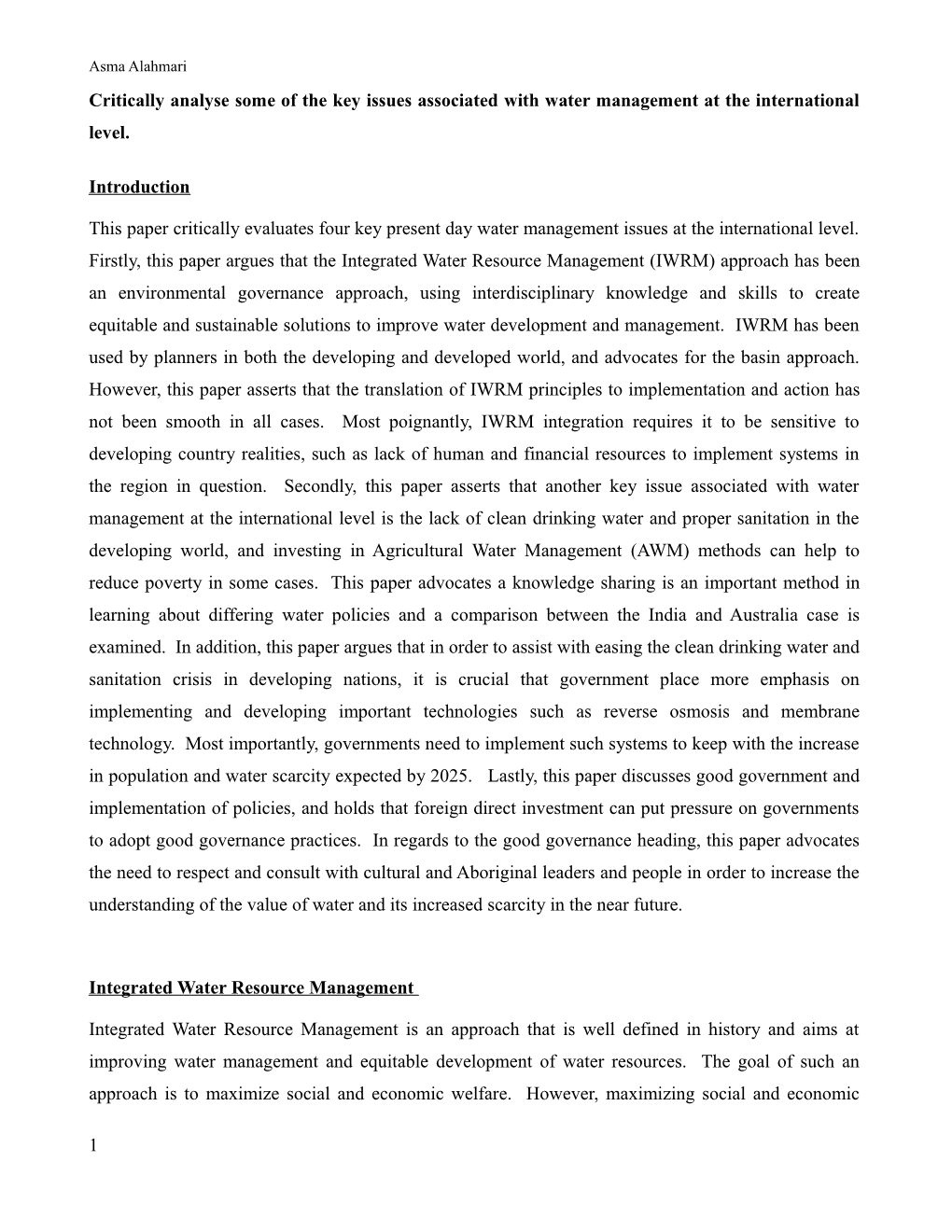 Critically Analyse Some of the Key Issues Associated with Water Management at the International