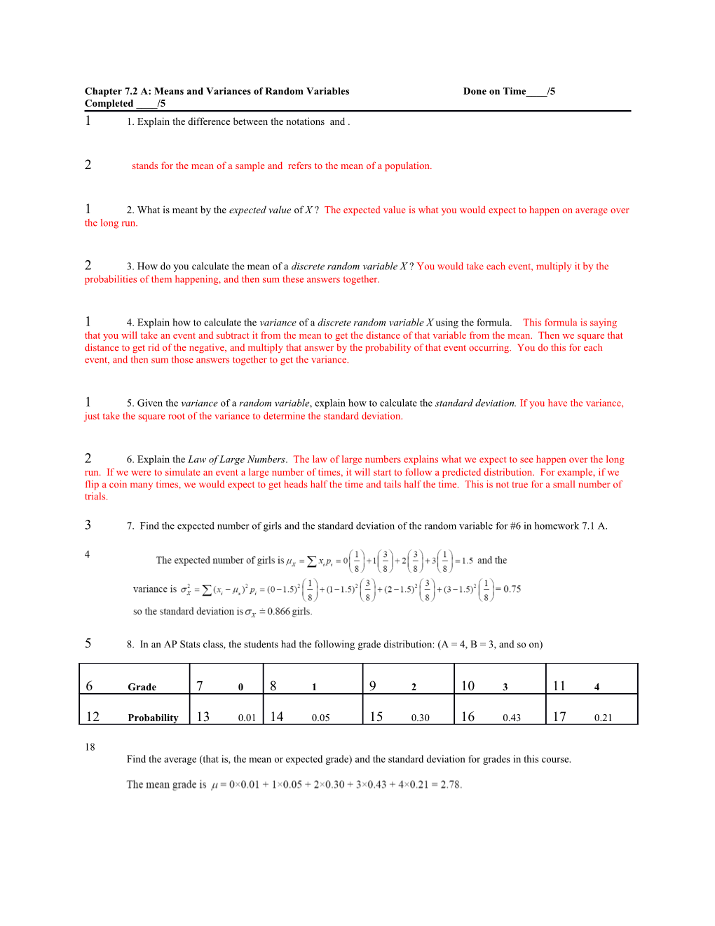 Chapter 7.2 A: Means and Variances of Random Variables Done on Time____/5 Completed ____/5