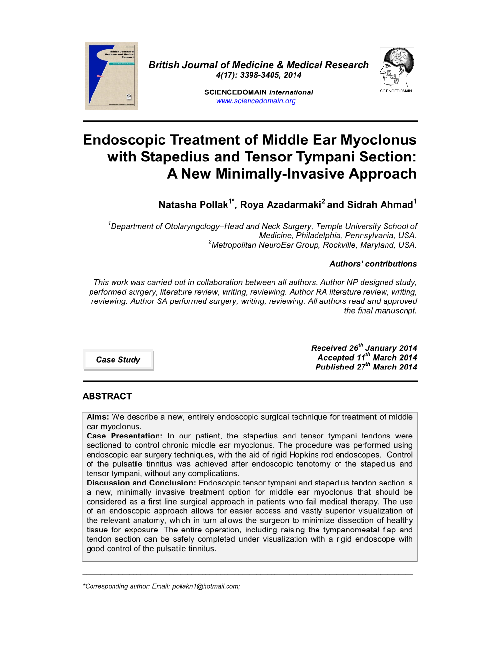 Endoscopic Treatment of Middle Ear Myoclonus with Stapedius and Tensor Tympani Section: a New Minimally-Invasive Approach