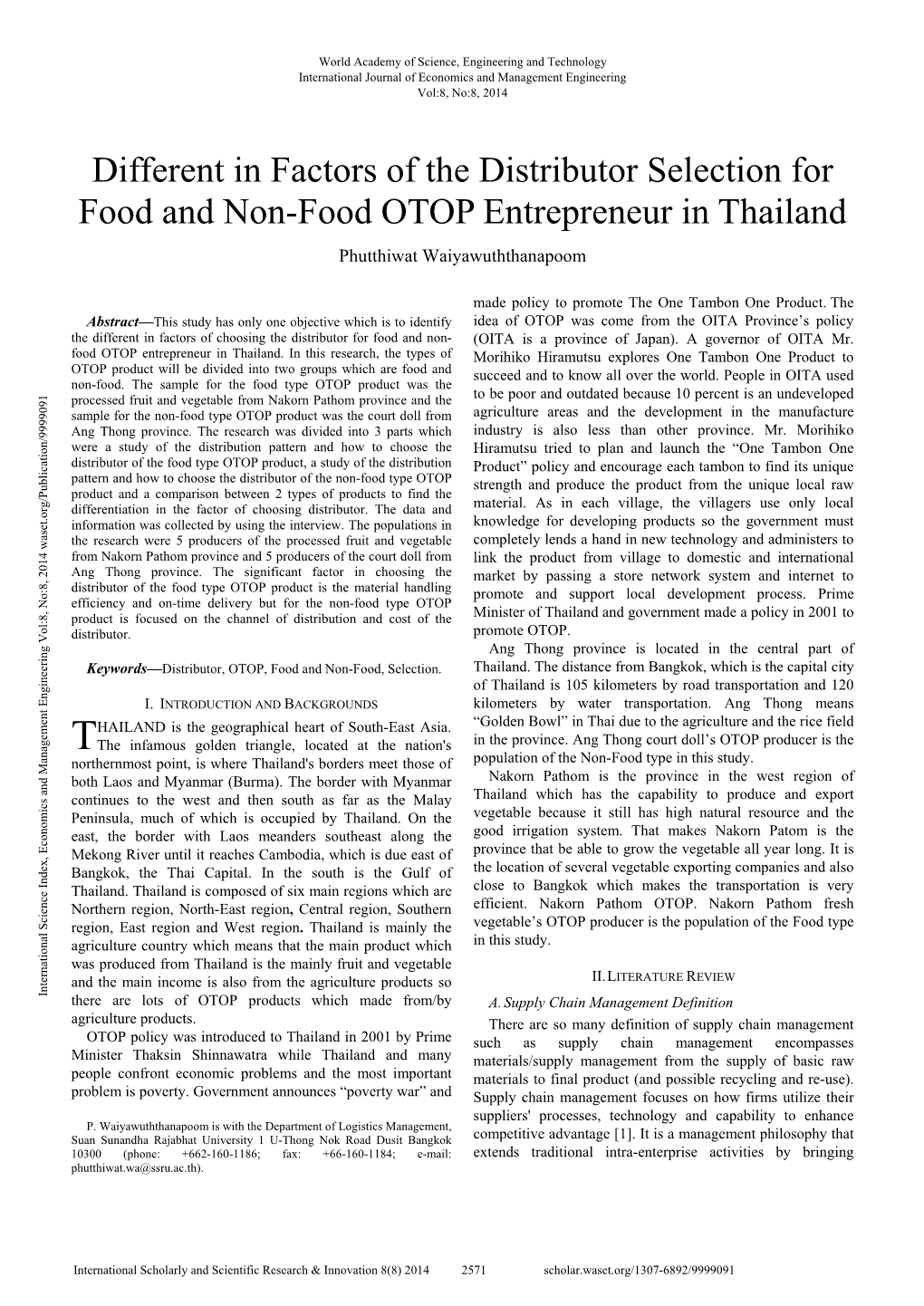 Different in Factors of the Distributor Selection for Food and Non-Food OTOP Entrepreneur in Thailand
