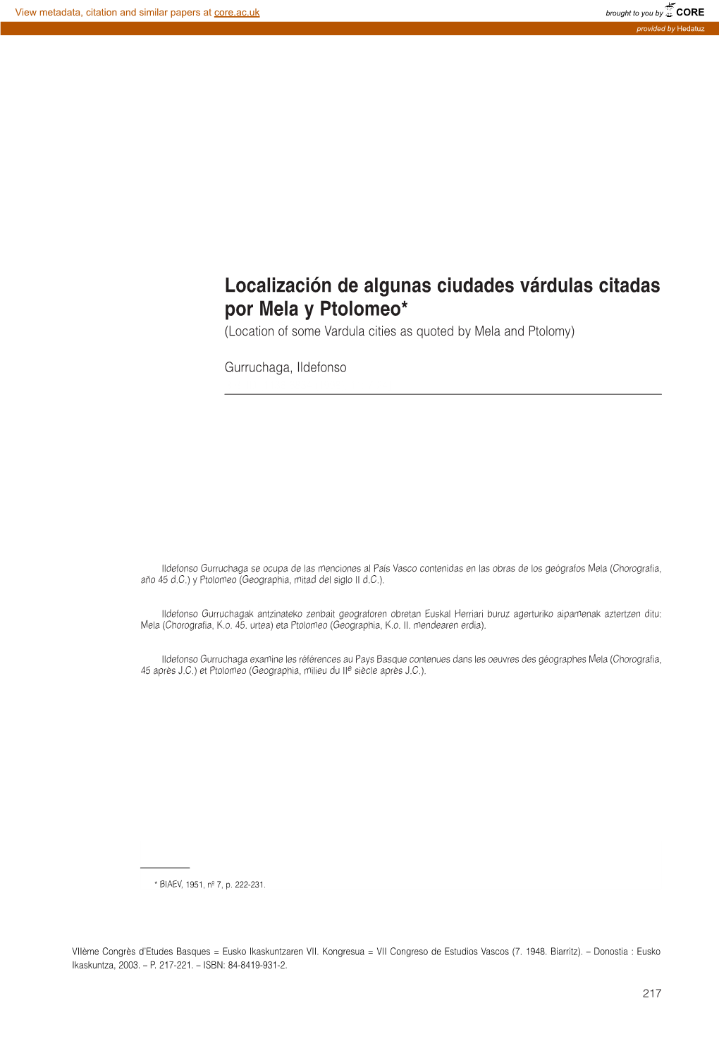 Localización De Algunas Ciudades Várdulas Citadas Por Mela Y Ptolomeo* (Location of Some Vardula Cities As Quoted by Mela and Ptolomy)