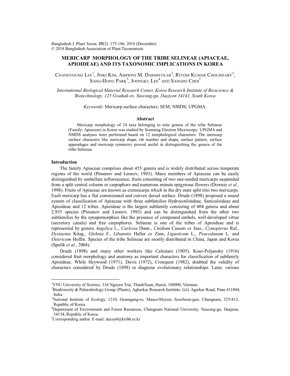 Apiaceae, Apioideae) and Its Taxonomic Implications in Korea