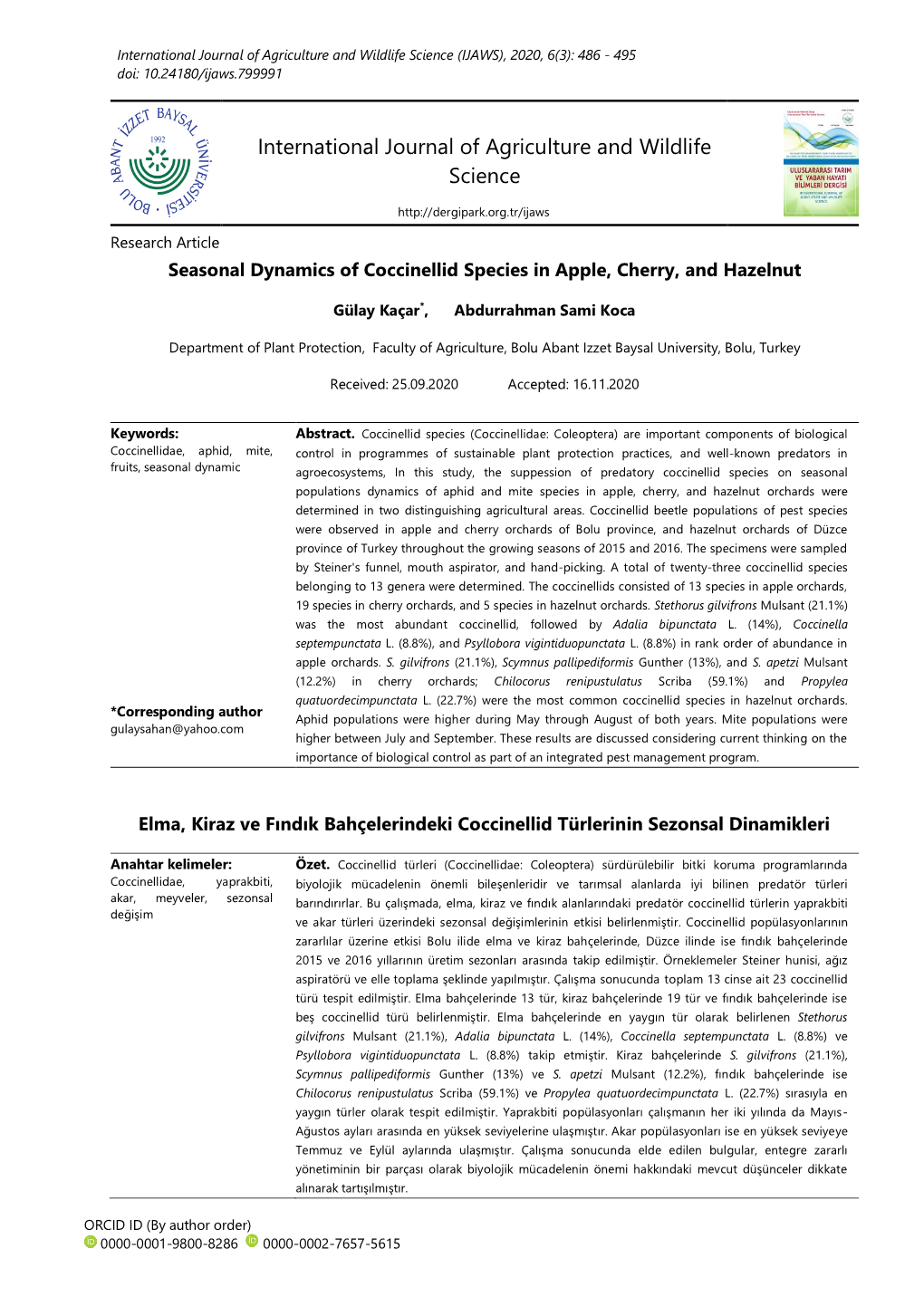 Seasonal Dynamics of Coccinellid Species in Apple, Cherry, and Hazelnut