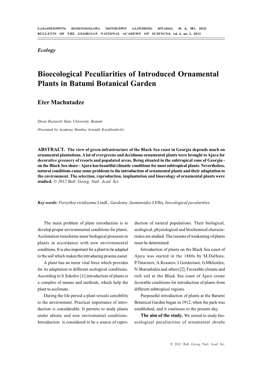 Bioecological Peculiarities of Introduced Ornamental Plants in Batumi Botanical Garden