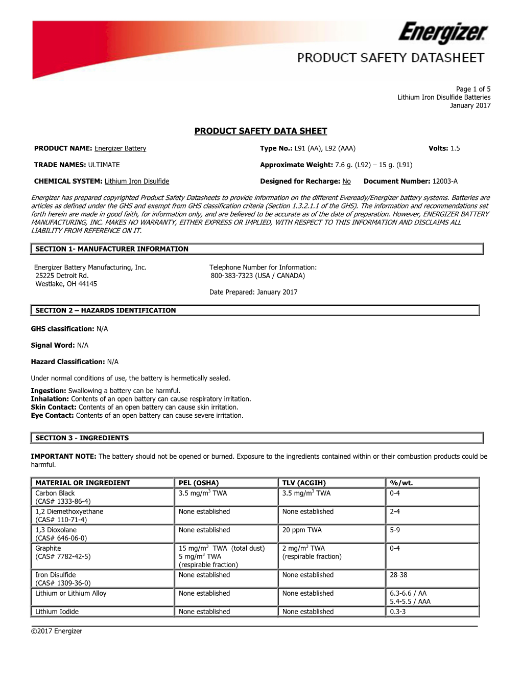 Product Safety Data Sheet