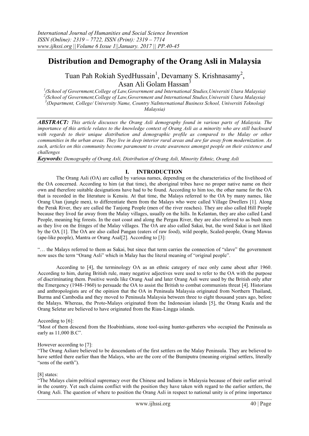 Distribution and Demography of the Orang Asli in Malaysia