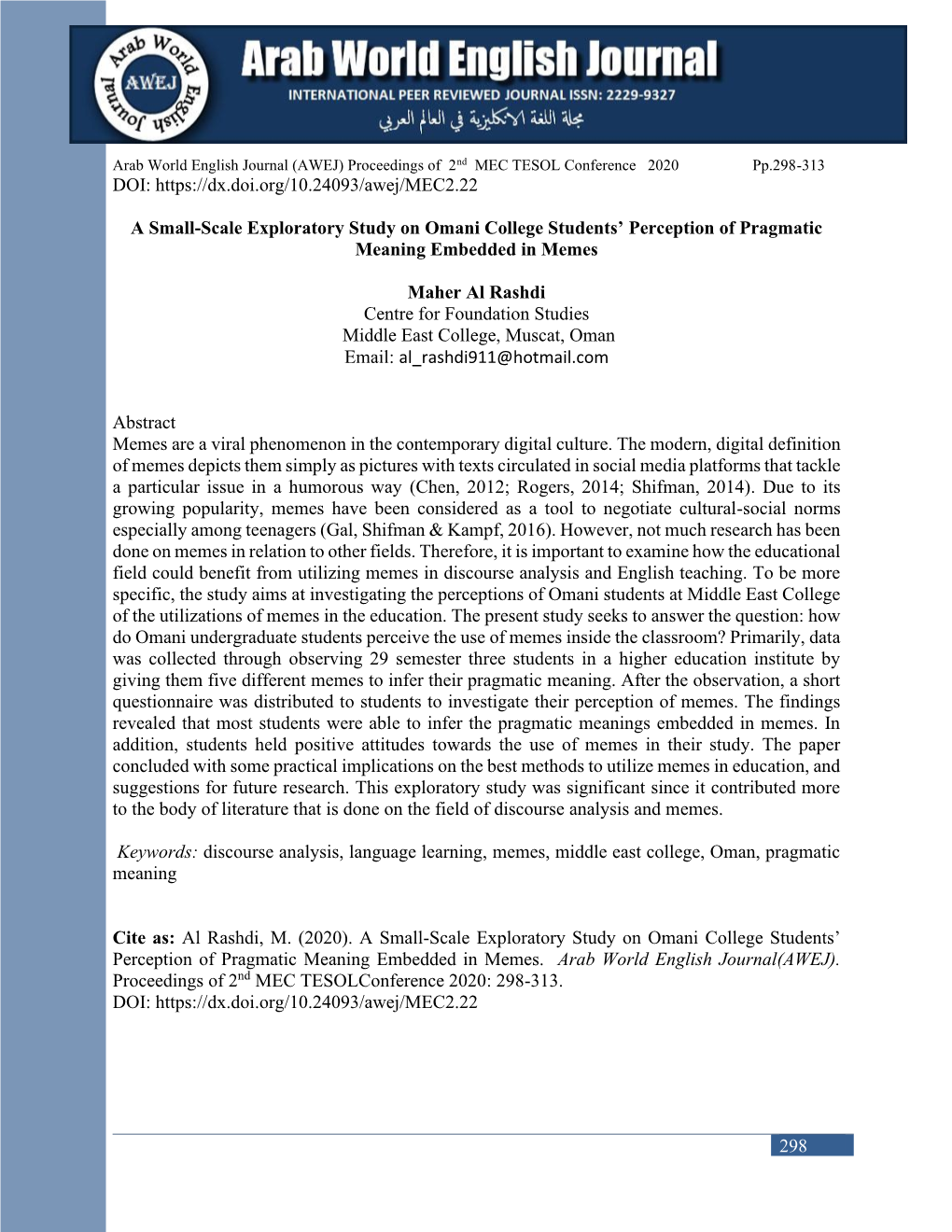 A Small-Scale Exploratory Study on Omani College Students’ Perception of Pragmatic Meaning Embedded in Memes