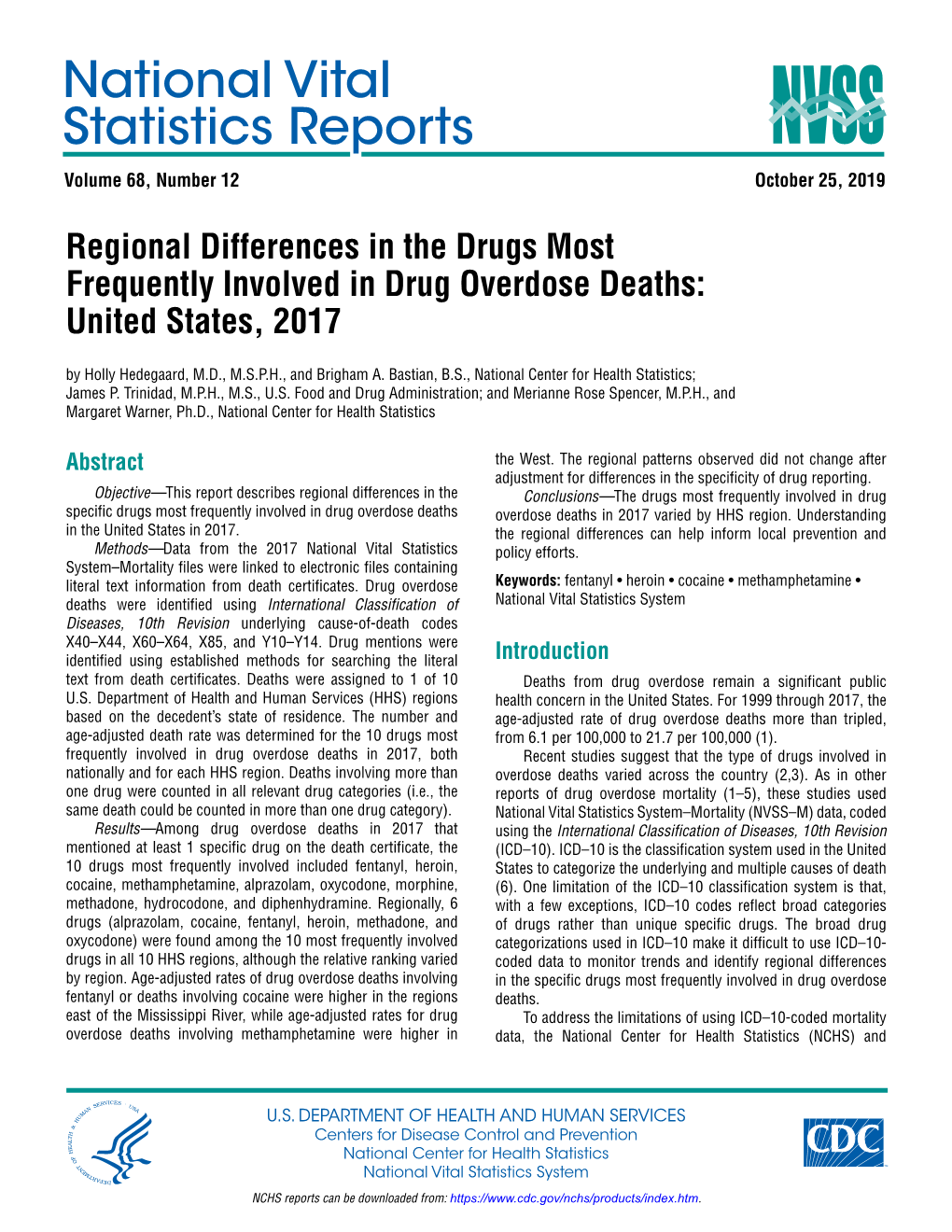 National Vital Statistics Reports Volume 68, Number 12 October 25, 2019