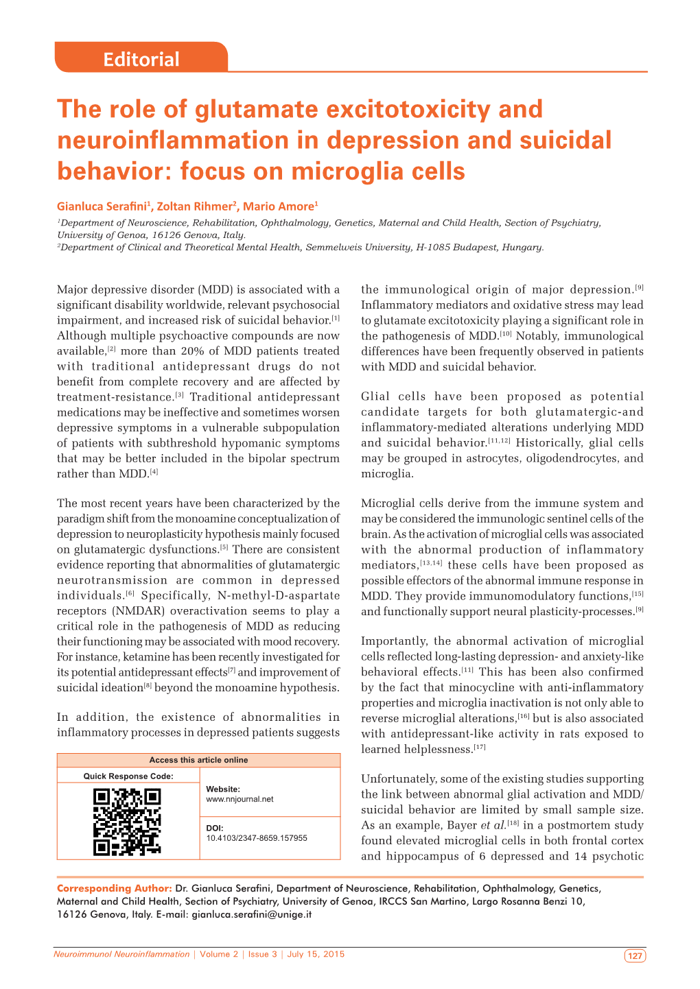 The Role of Glutamate Excitotoxicity and Neuroinflammation in Depression and Suicidal Behavior: Focus on Microglia Cells