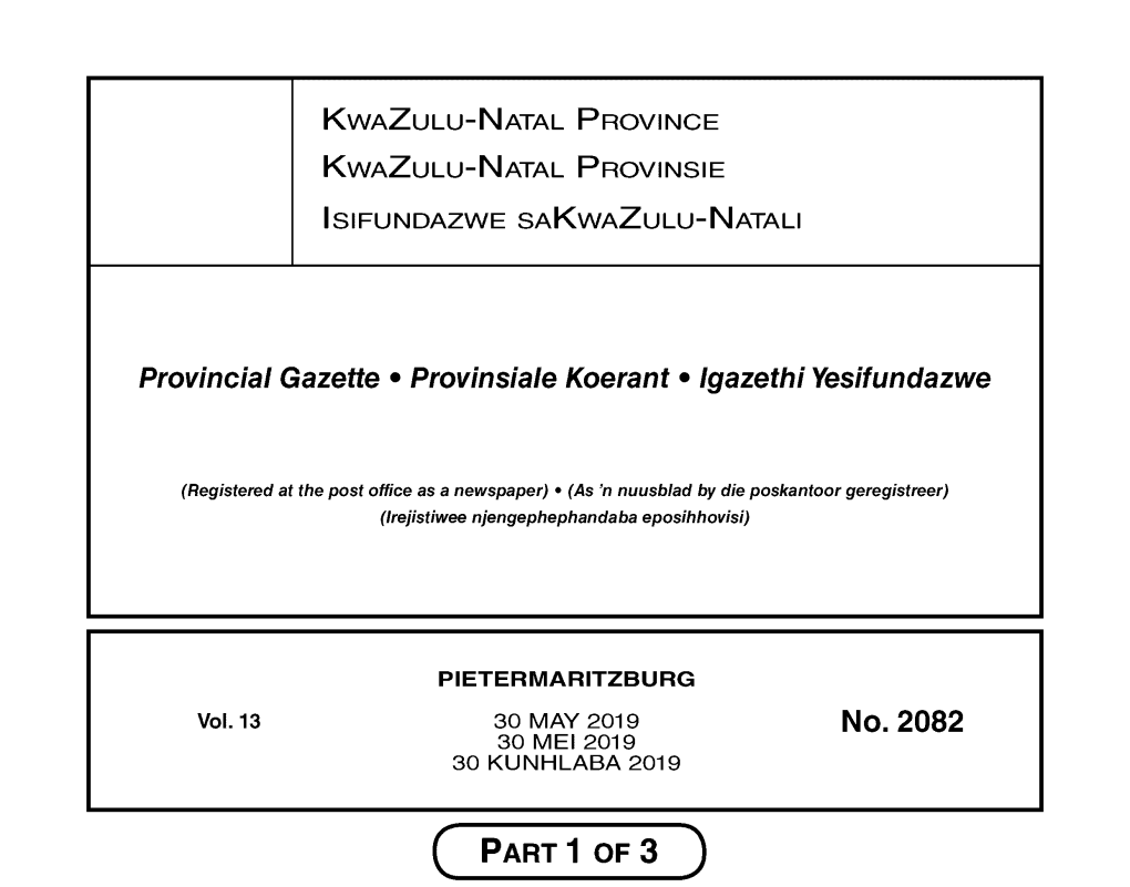 Kwazulu-Natal Provincial Gazette Vol 13 No 2082 Dated 30 May 2019