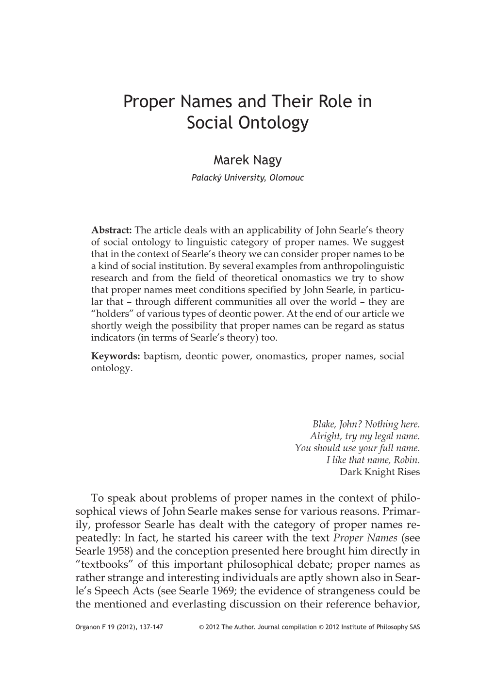 Proper Names and Their Role in Social Ontology