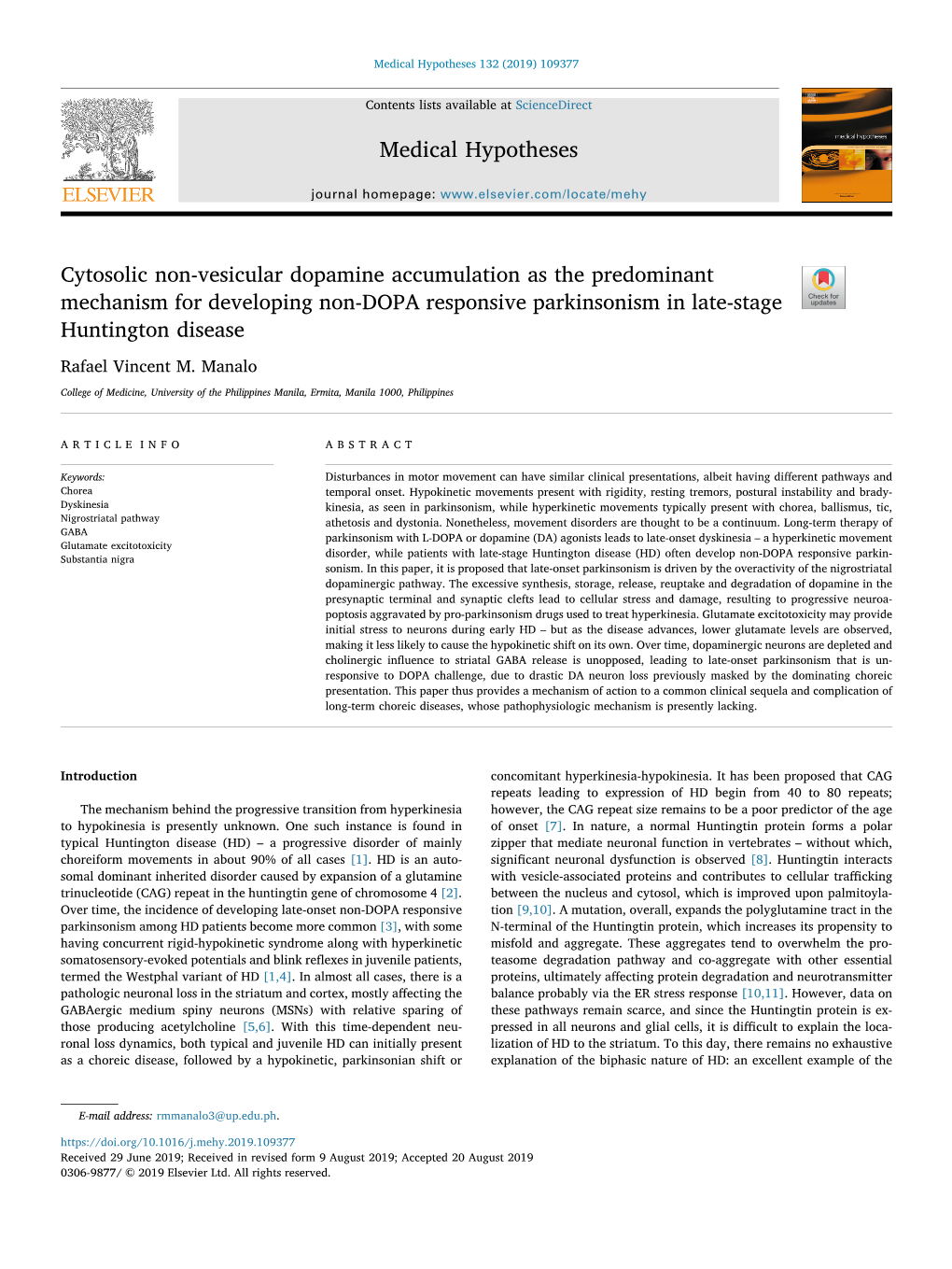 Cytosolic Non-Vesicular Dopamine Accumulation As the Predominant Mechanism for Developing Non-DOPA Responsive Parkinsonism in Late-Stage T Huntington Disease