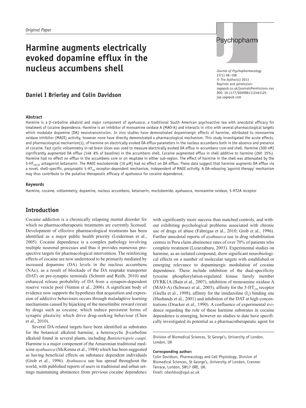 Harmine Augments Electrically Evoked Dopamine Efflux in the Nucleus Accumbens Shell