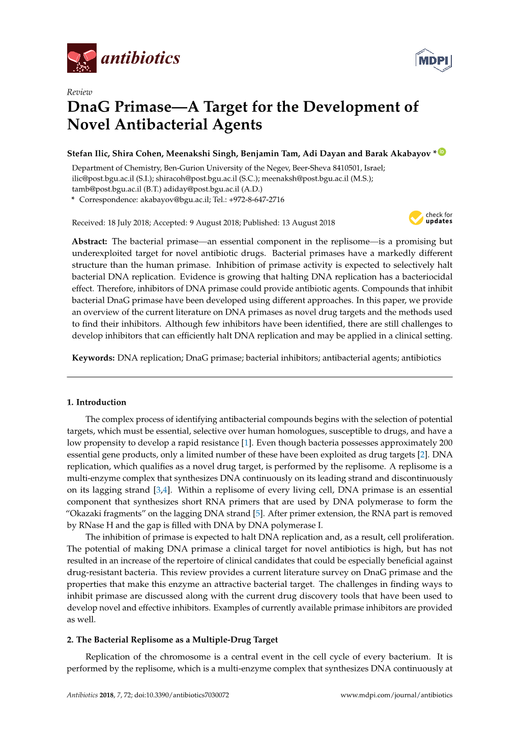 Dnag Primase—A Target for the Development of Novel Antibacterial Agents