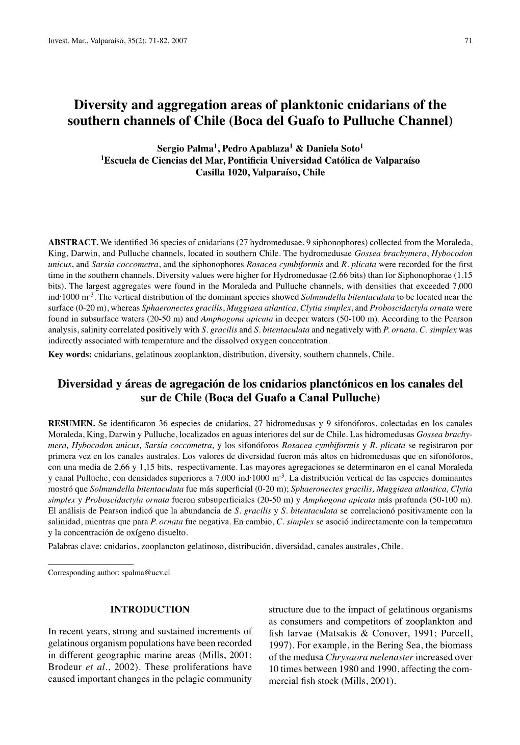 Diversity and Aggregation Areas of Planktonic Cnidarians of the Southern Channels of Chile (Boca Del Guafo to Pulluche Channel)
