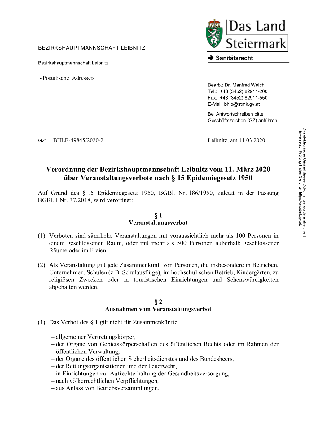 Verordnung Der Bezirkshauptmannschaft Leibnitz Vom 11. März 2020 Über Veranstaltungsverbote Nach § 15 Epidemiegesetz 1950