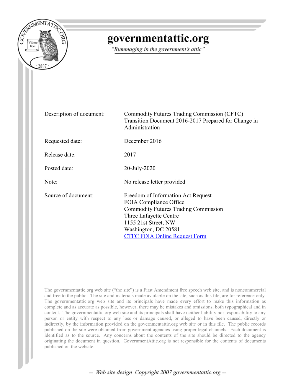 Commodity Futures Trading Commission (CFTC) Transition Document 2016-2017 Prepared for Change in Administration