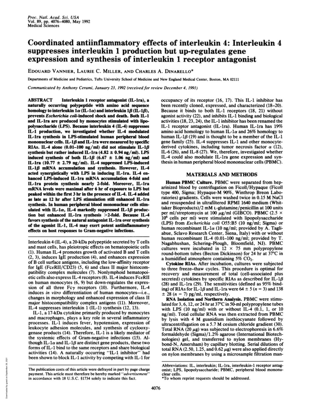 Suppresses Interleukin 1 Production but Up-Regulates Gene Expression and Synthesis of Interleukin 1 Receptor Antagonist EDOUARD VANNIER, LAURIE C