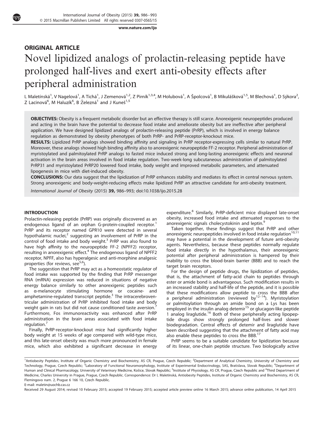 Novel Lipidized Analogs of Prolactin-Releasing Peptide Have Prolonged Half-Lives and Exert Anti-Obesity Effects After Peripheral Administration