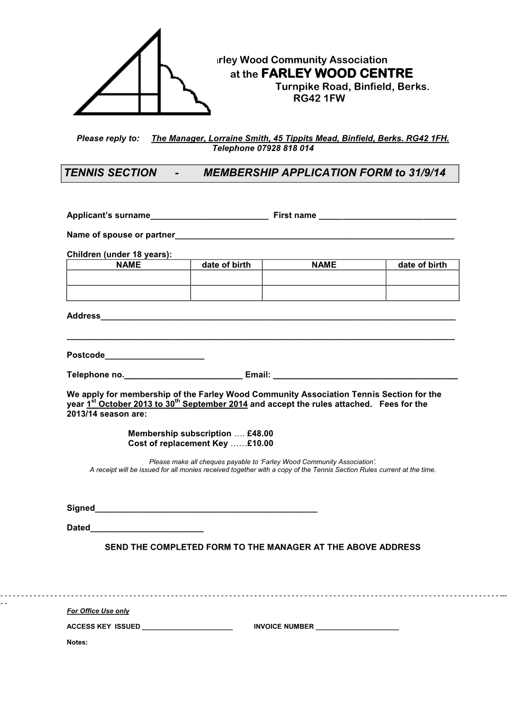 TENNIS SECTION - MEMBERSHIP APPLICATION FORM to 31/9/14