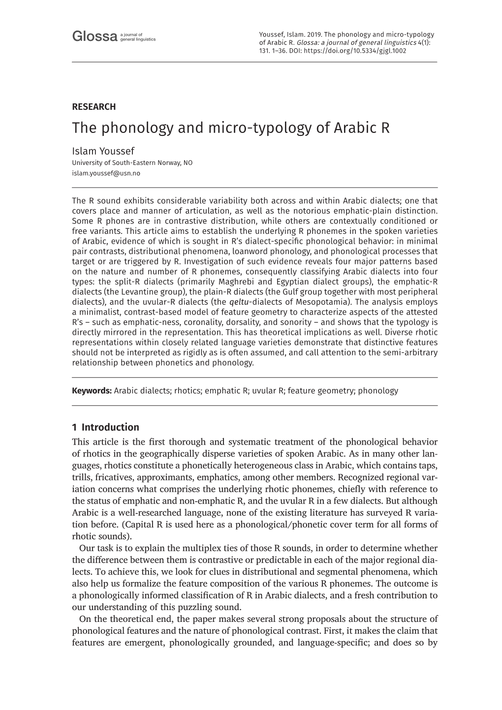 The Phonology and Micro-Typology of Arabic R Islam Youssef University of South-Eastern Norway, NO Islam.Youssef@Usn.No